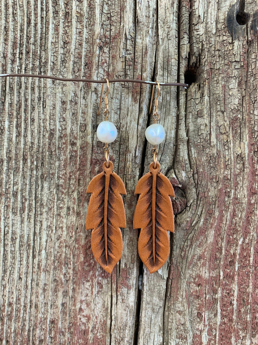 14089 Leather Feather & Stone Earring