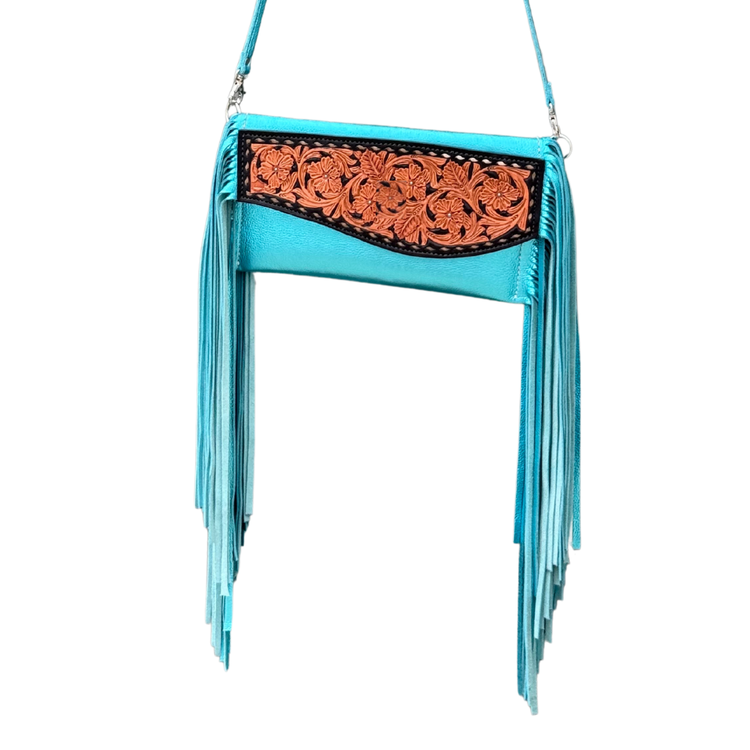 Alamo Saddlery Fringe Clutch- Turquoise Metallic