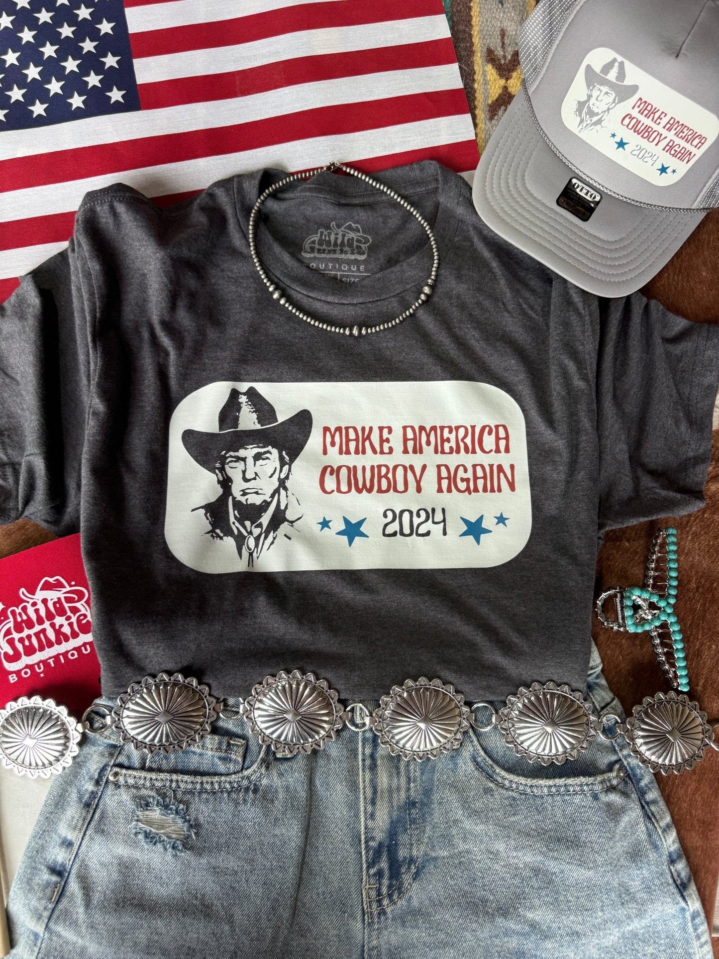 Make America Cowboy Again Trump 2024 Graphic TeeCharcoalS