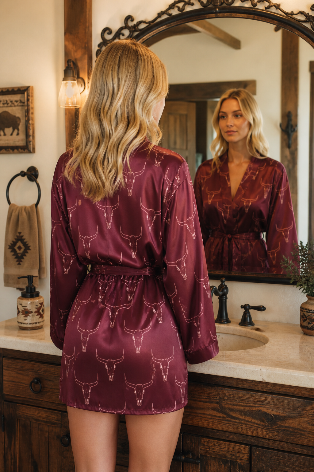 Baha Ranch Burgandy Longhorn Women's Belted Satin Feel Dressing Lounge Robe