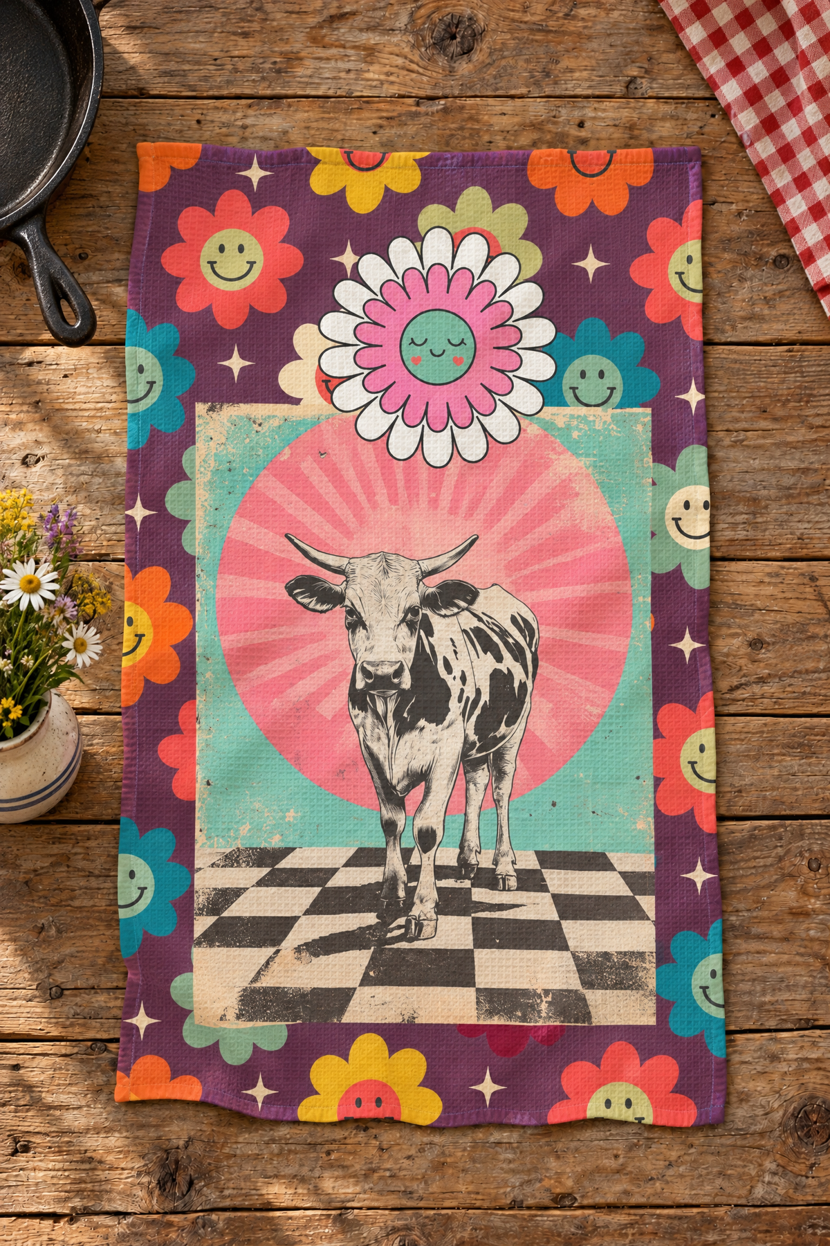 Baha Ranch Checkered Flower Cow Set of 2 (same) Kitchen Towels Made in America