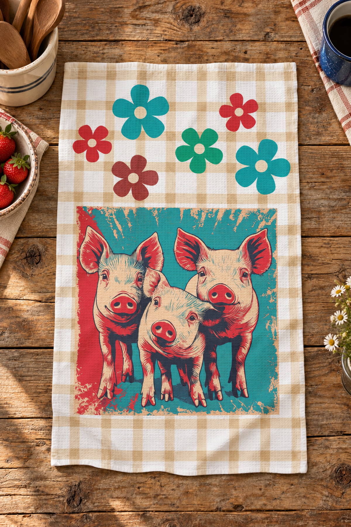 Baha Ranch Retro Flower Pigs set of 2 (same) Kitchen Towels Made in America