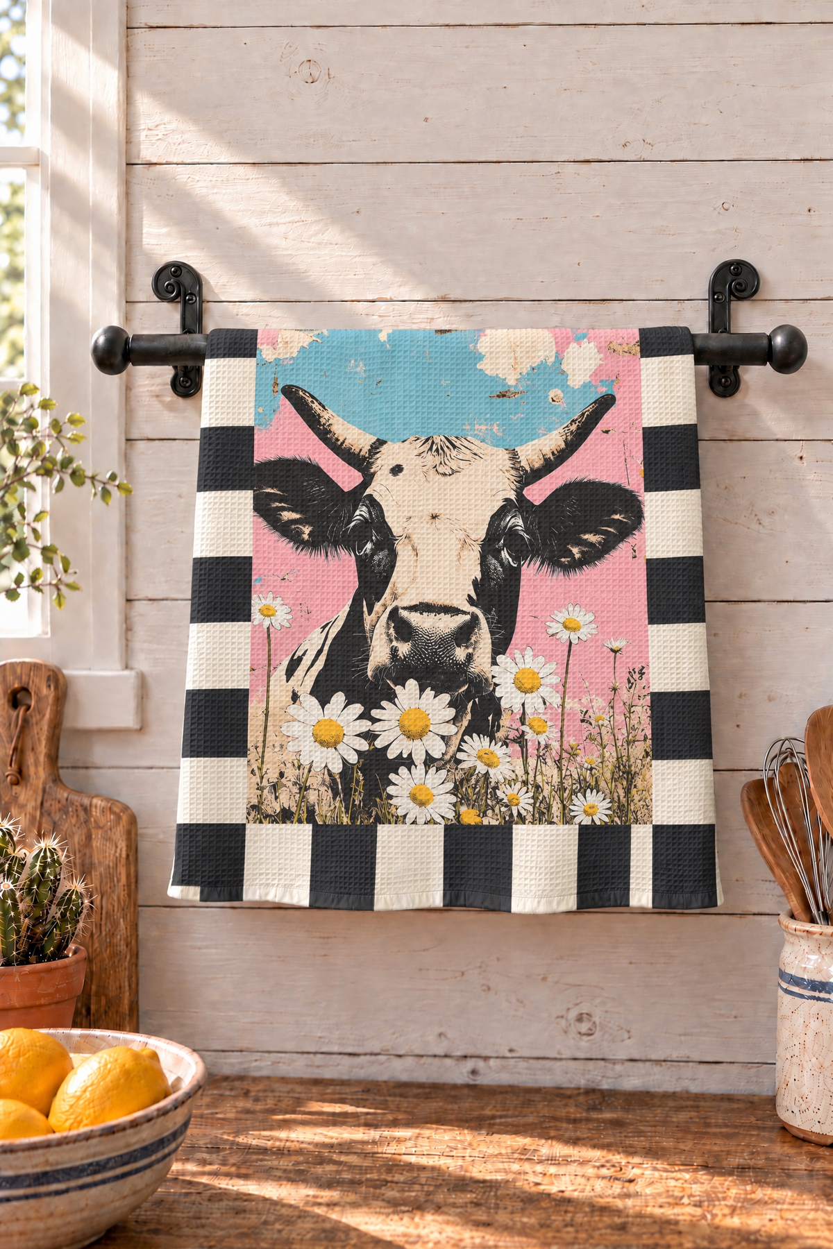 A kitchen towel with a cow and daisies print hanging from a black metal rack on a light wood wall, with kitchen props like lemons, a cutting board, and utensils visible.