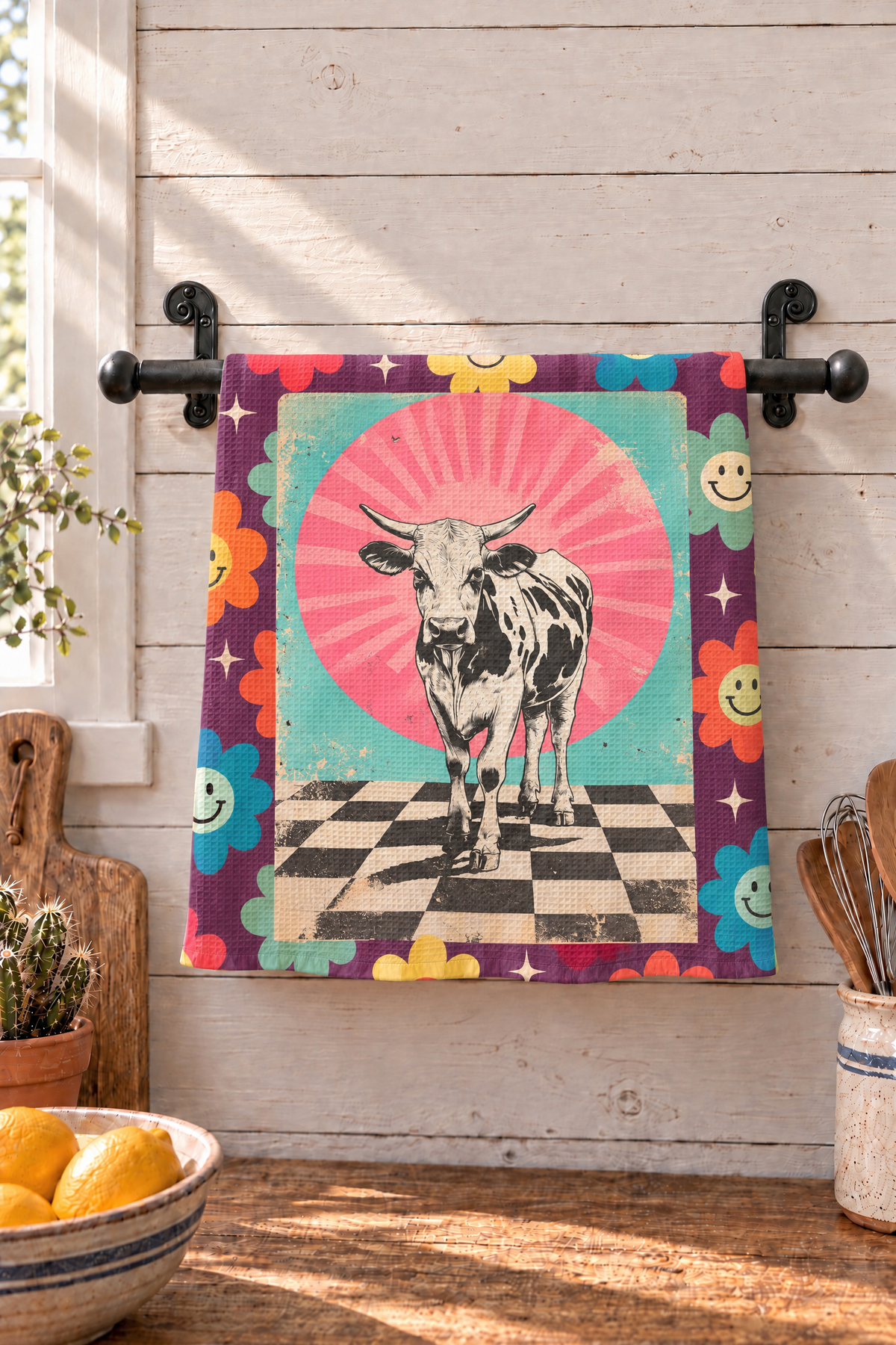 A colorful kitchen towel featuring a cow on a checkered floor with a pink sunburst and floral border, hanging on a black rod against a white wood-paneled wall.
