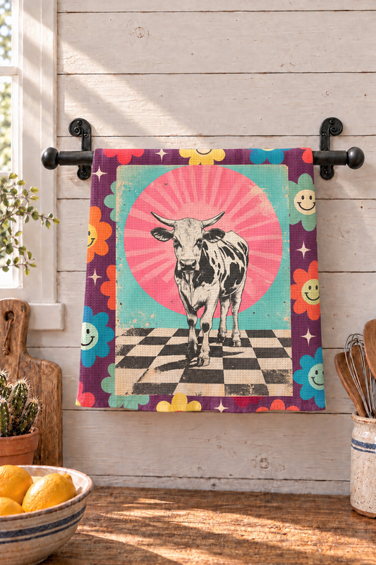 A colorful kitchen towel featuring a cow on a checkered floor with a pink sunburst and floral border, hanging on a black rod against a white wood-paneled wall.