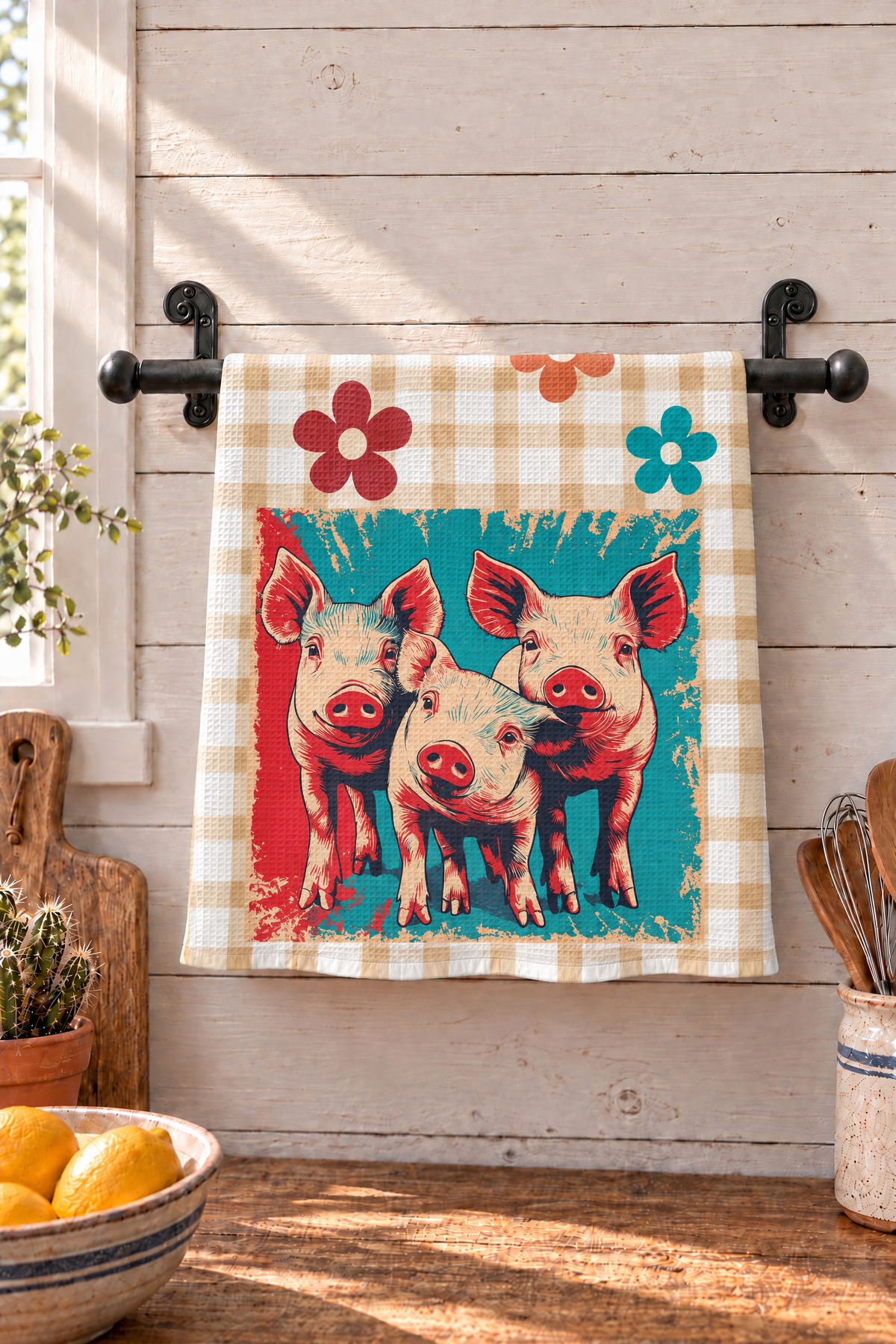 A kitchen towel with a gingham border and a colorful illustration of three pigs on a teal background, hanging on a black metal rack against a white wood-paneled wall.