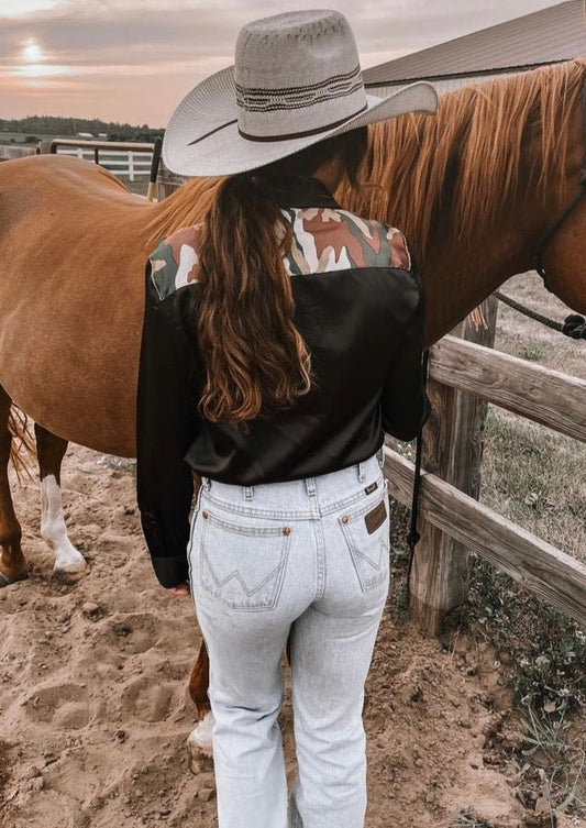 CAMO BLACK SATIN RODEO SHIRT