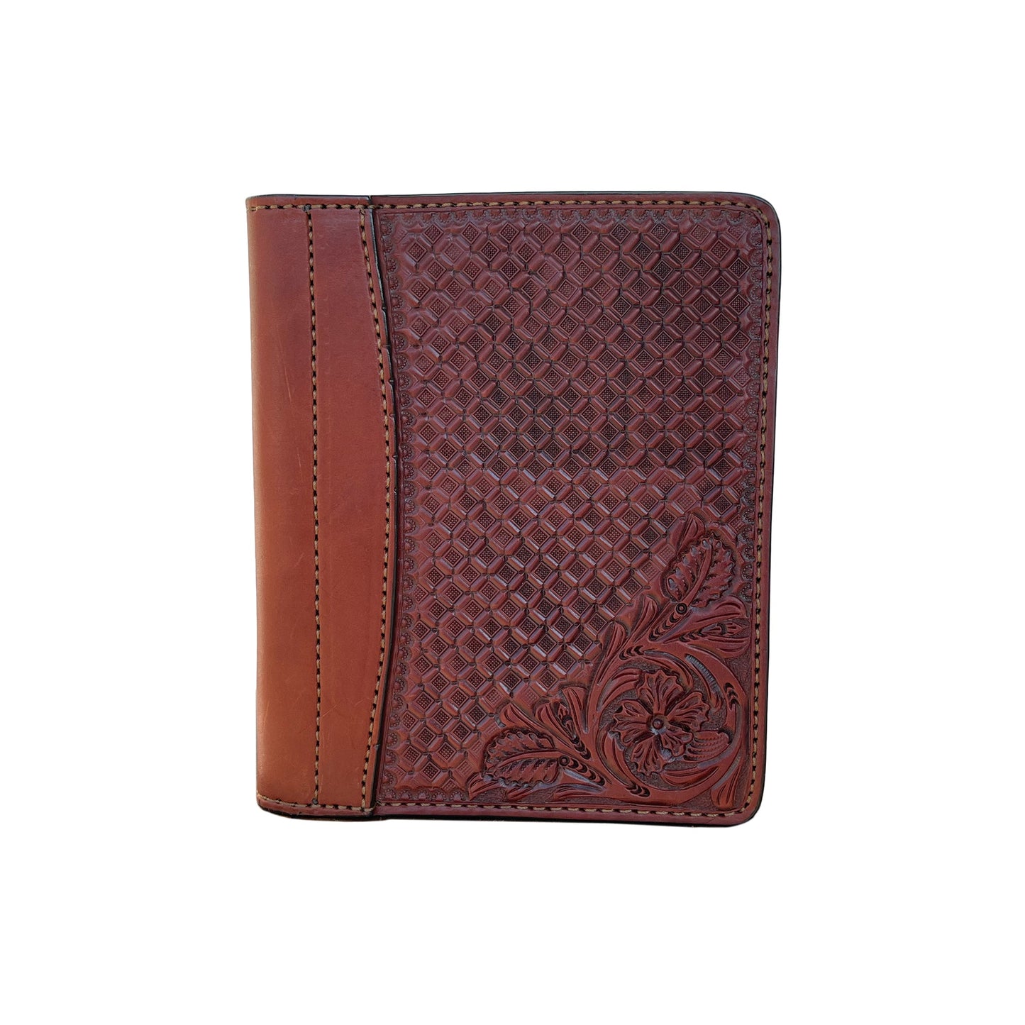 Alamo Saddlery Mini portfolio toast leather waffle and wild rose tooling