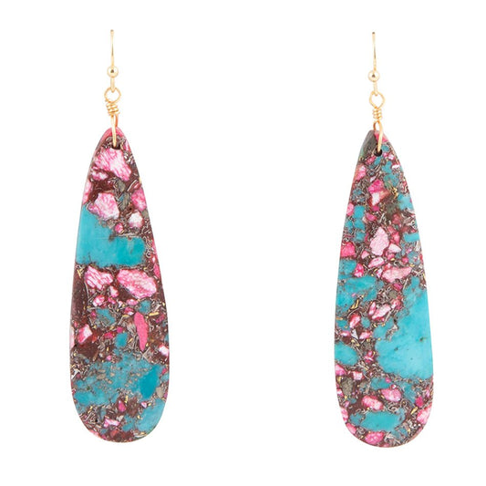 Pink and Blue Jasper Matrix Slab Golden Earrings