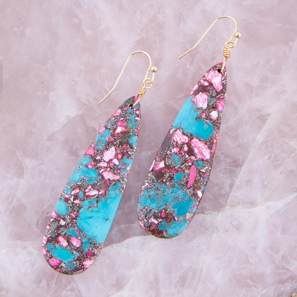 Pink and Blue Jasper Matrix Slab Golden Earrings