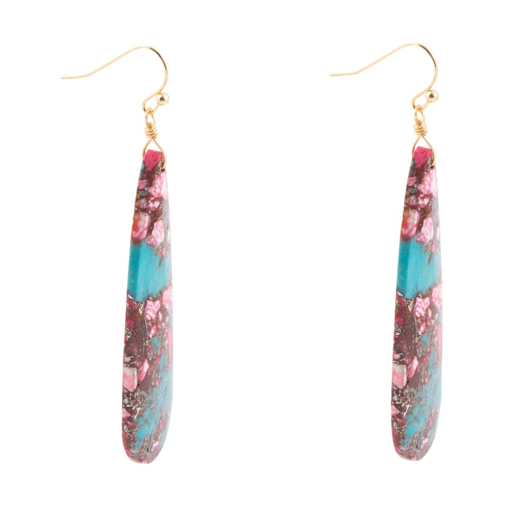 Pink and Blue Jasper Matrix Slab Golden Earrings