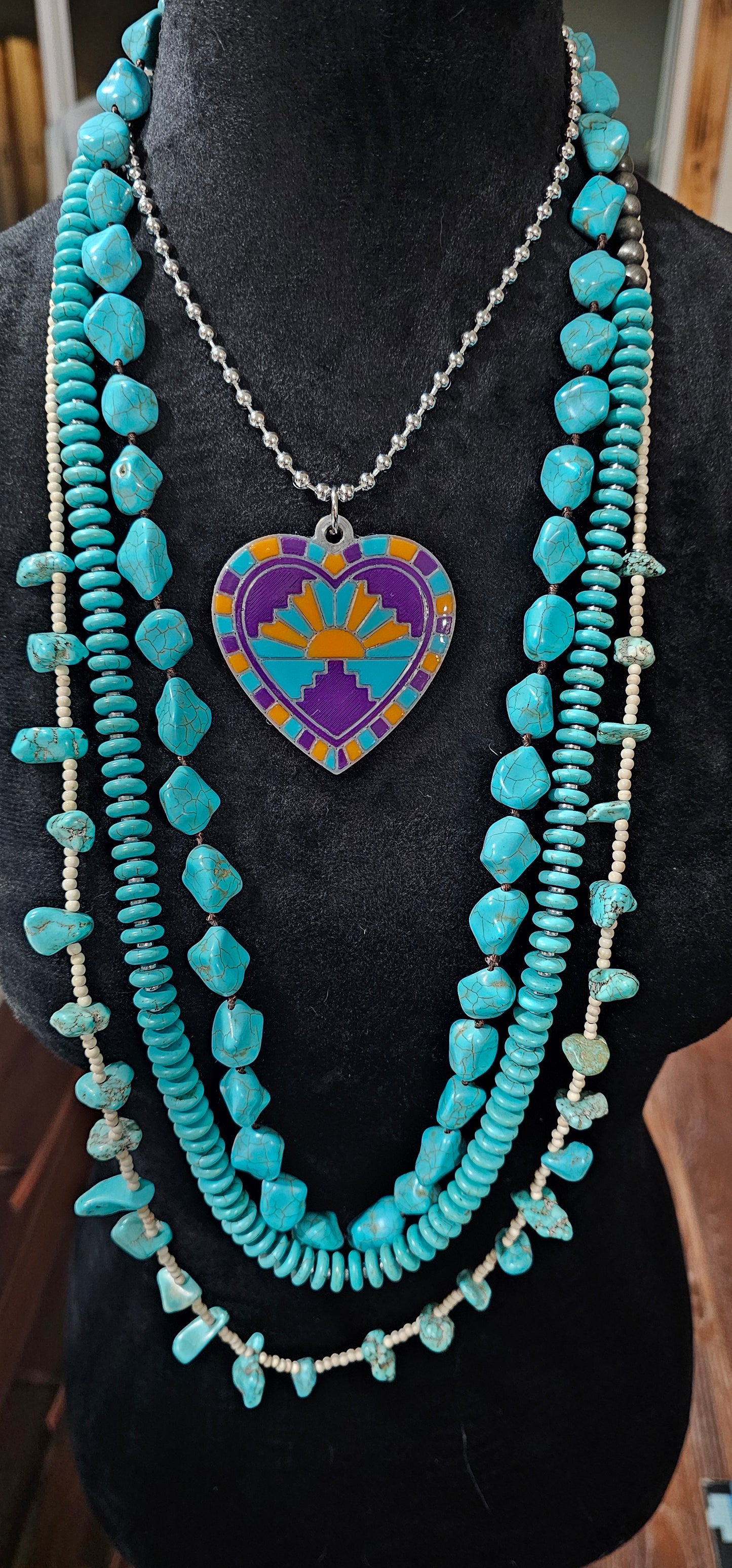 Baha Ranch 3D Print Purple Orange Sunrise Inlay Heart Necklace