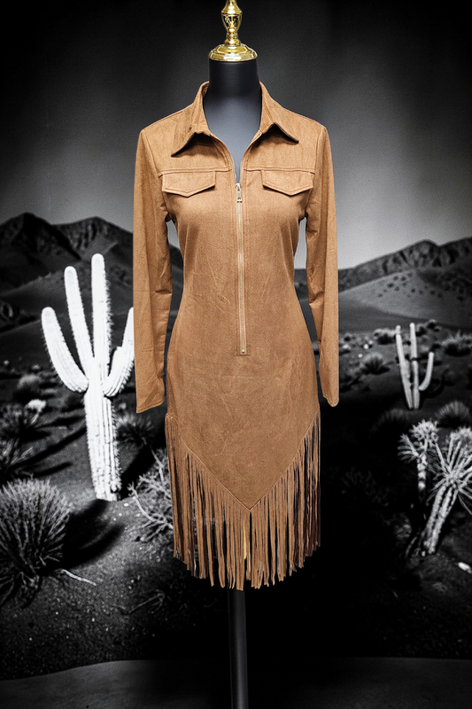 Desert Diva Zip Front Long Sleeve Fringe Dress