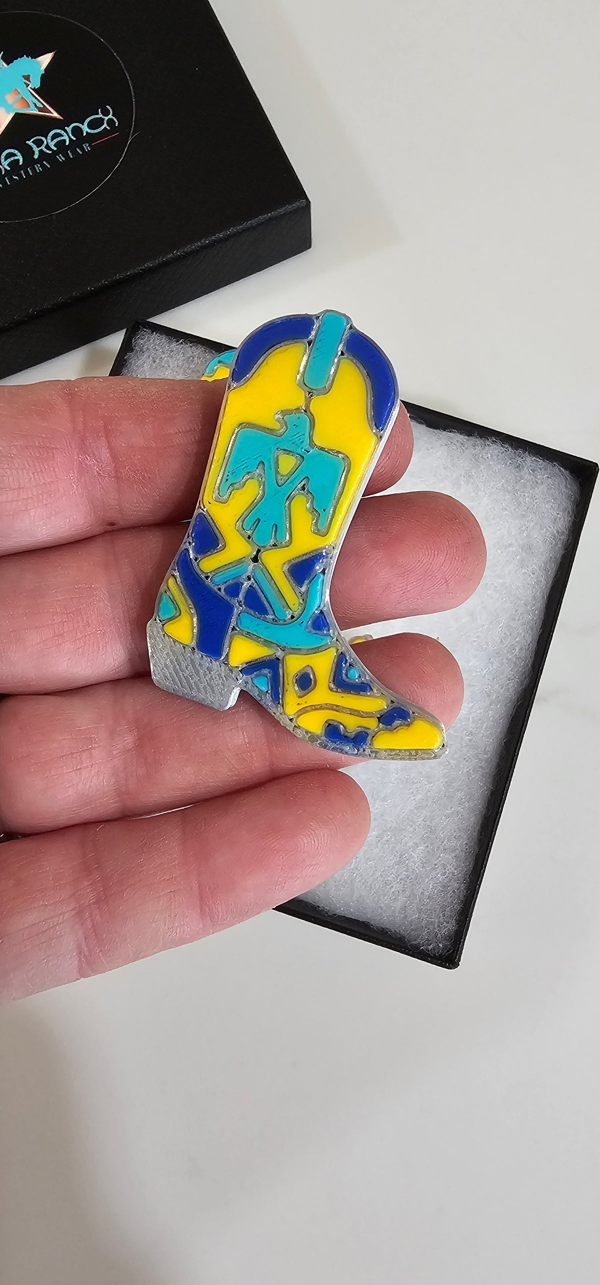 Set of 3 3D Printed Cowboy Boot Inlay Pins Collectible Aztec Texas Thunderbird Blue
