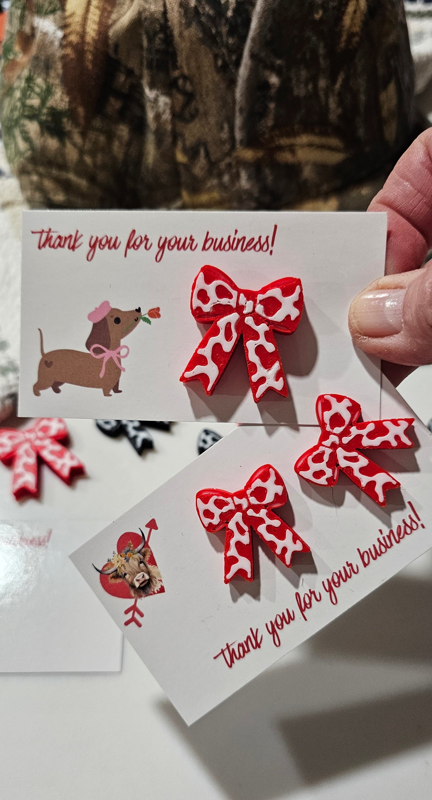 Bag of 25 -Boutique 3d Printed Package Inserts Cow Print Bows Pins or Earrings Made in America