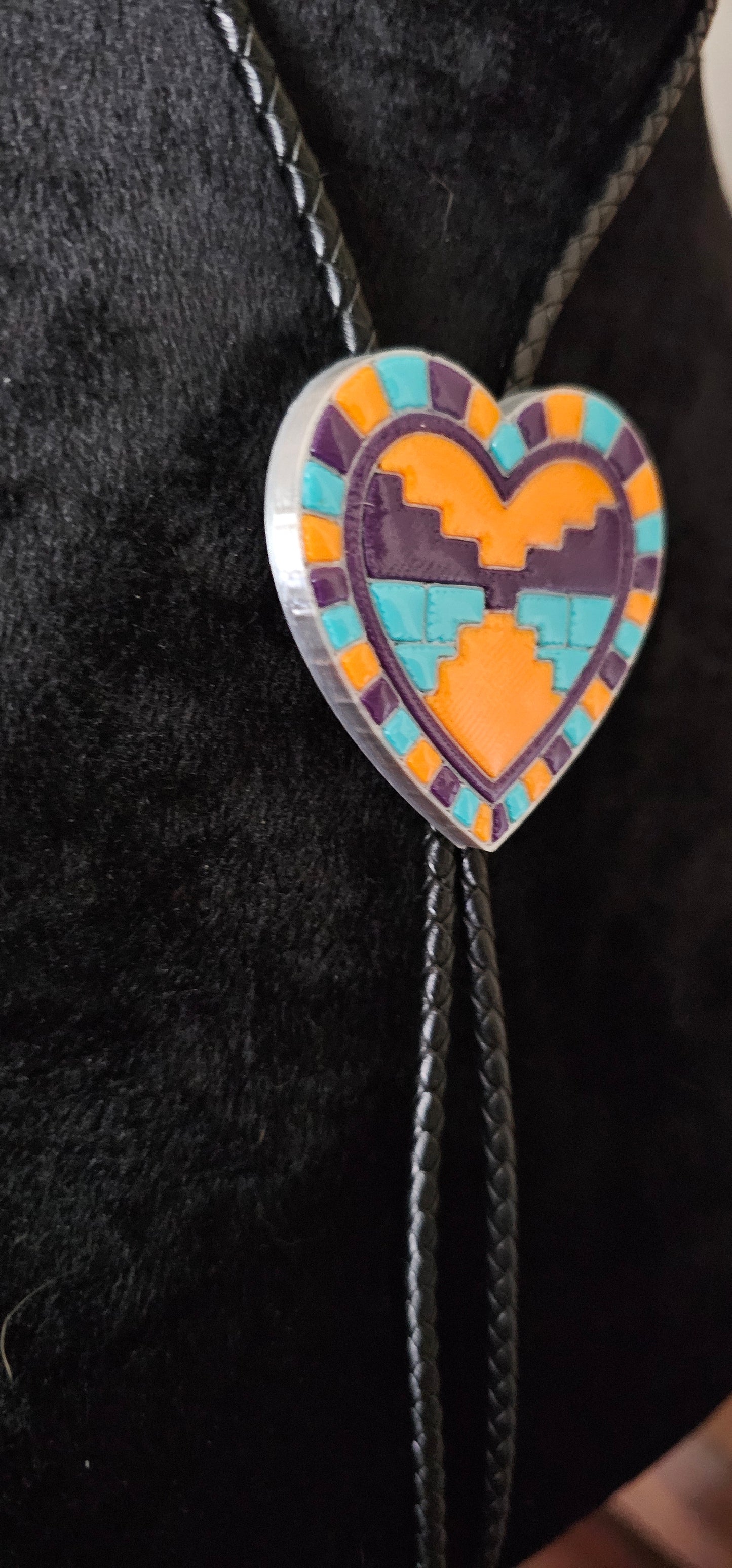 Orange Purple Aztec 3D Inlay Heart Bolo Tie Necklace