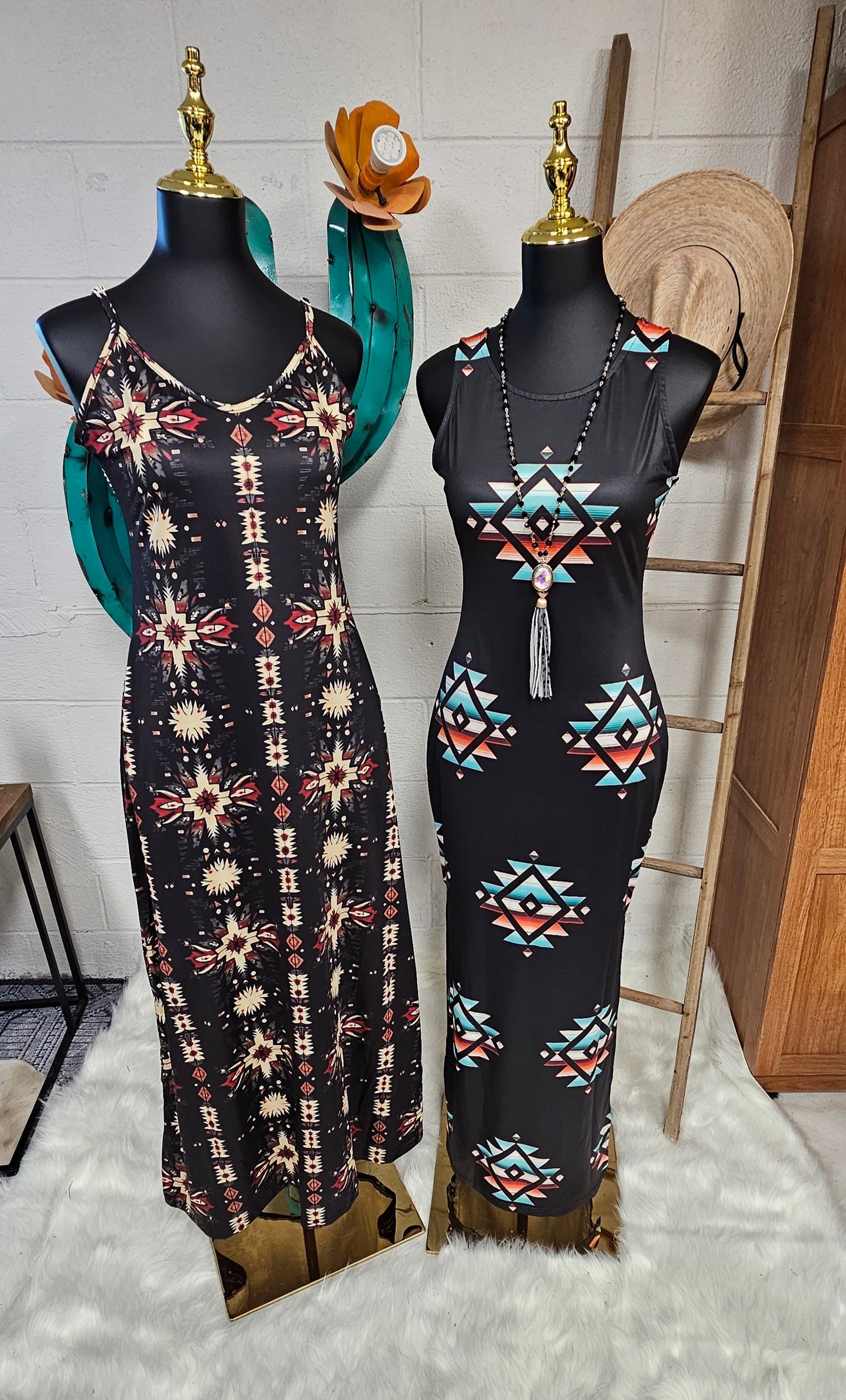 Black and Tan Southwestern Aztec Western Maxi Dress