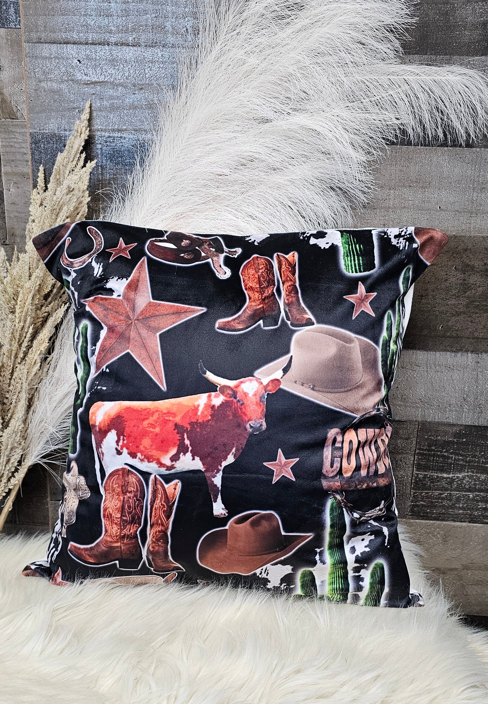 Decorative pillow cover with western design on a textured surface