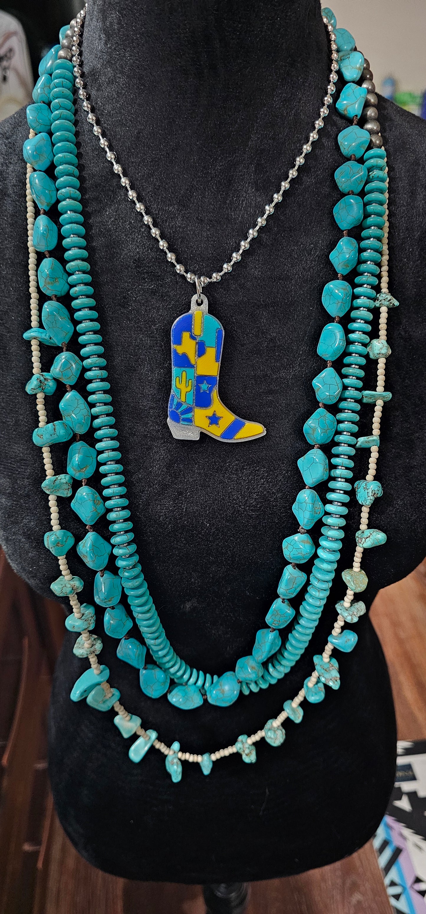 Baha Ranch 3D Print Yellow Blue Texas Inlay Boot Necklace