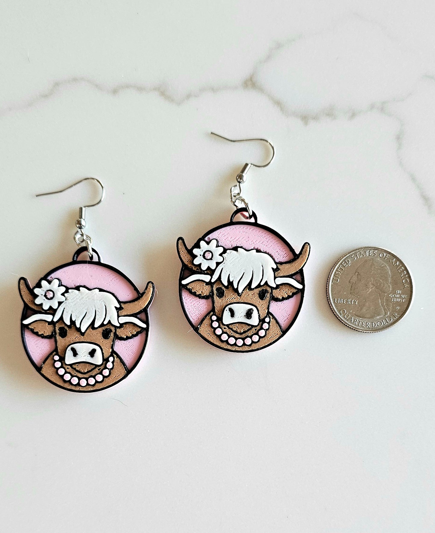 3D Print Cowgirl Highland Cow Picture Necklace or Earrings Western Made in America