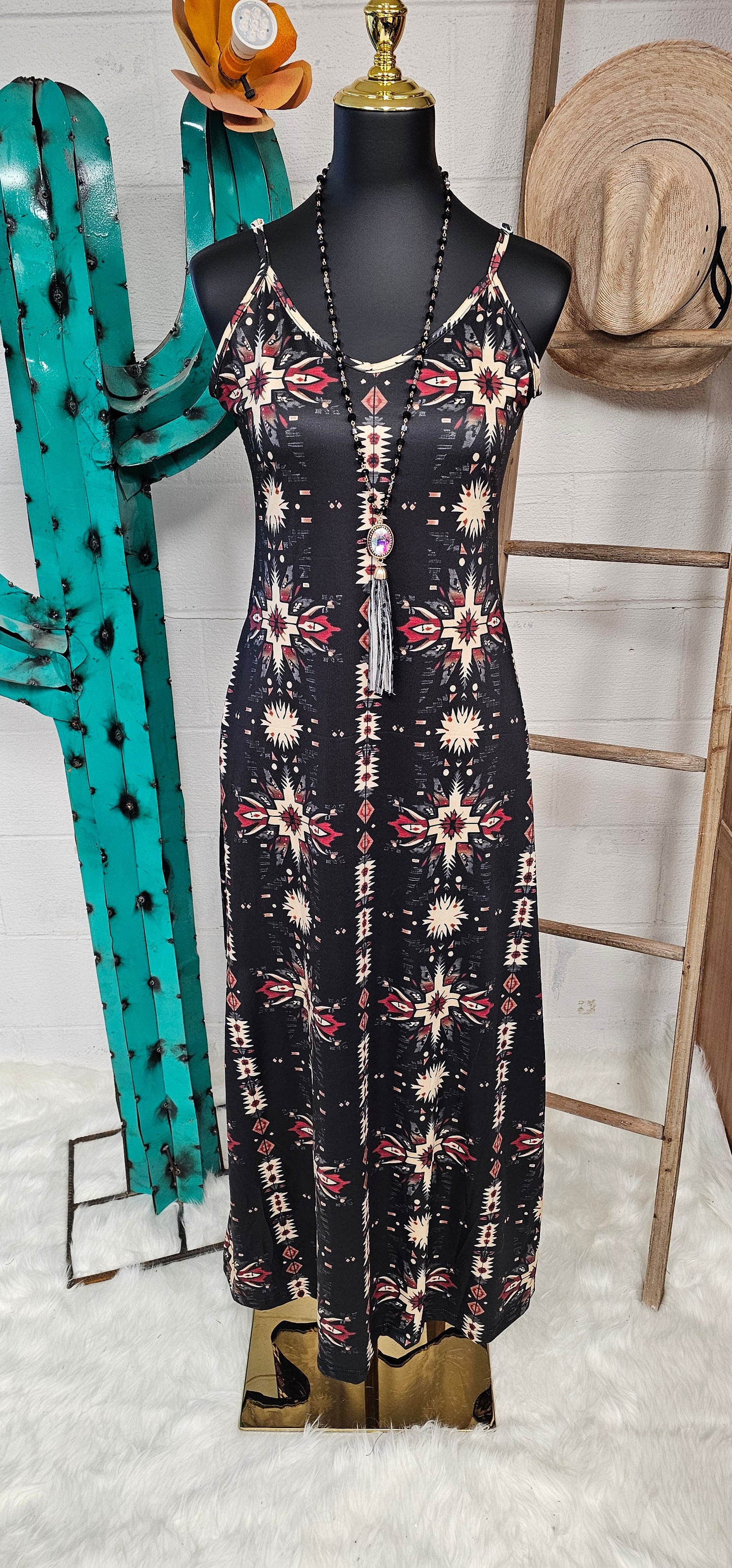 Black and Tan Southwestern Aztec Western Maxi Dress