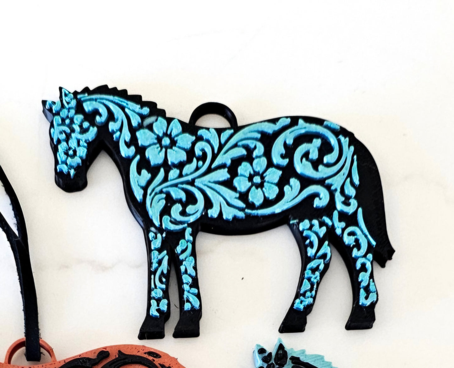 Baha Ranch 3D Print Floral Tooled Horse Charm or Keychain Made in America