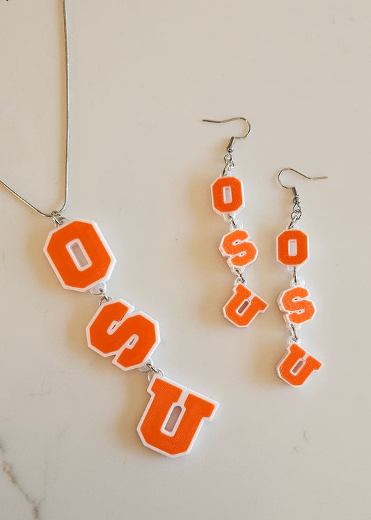 OSU College Oklahoma University Collegiate Letter Necklace Earrings