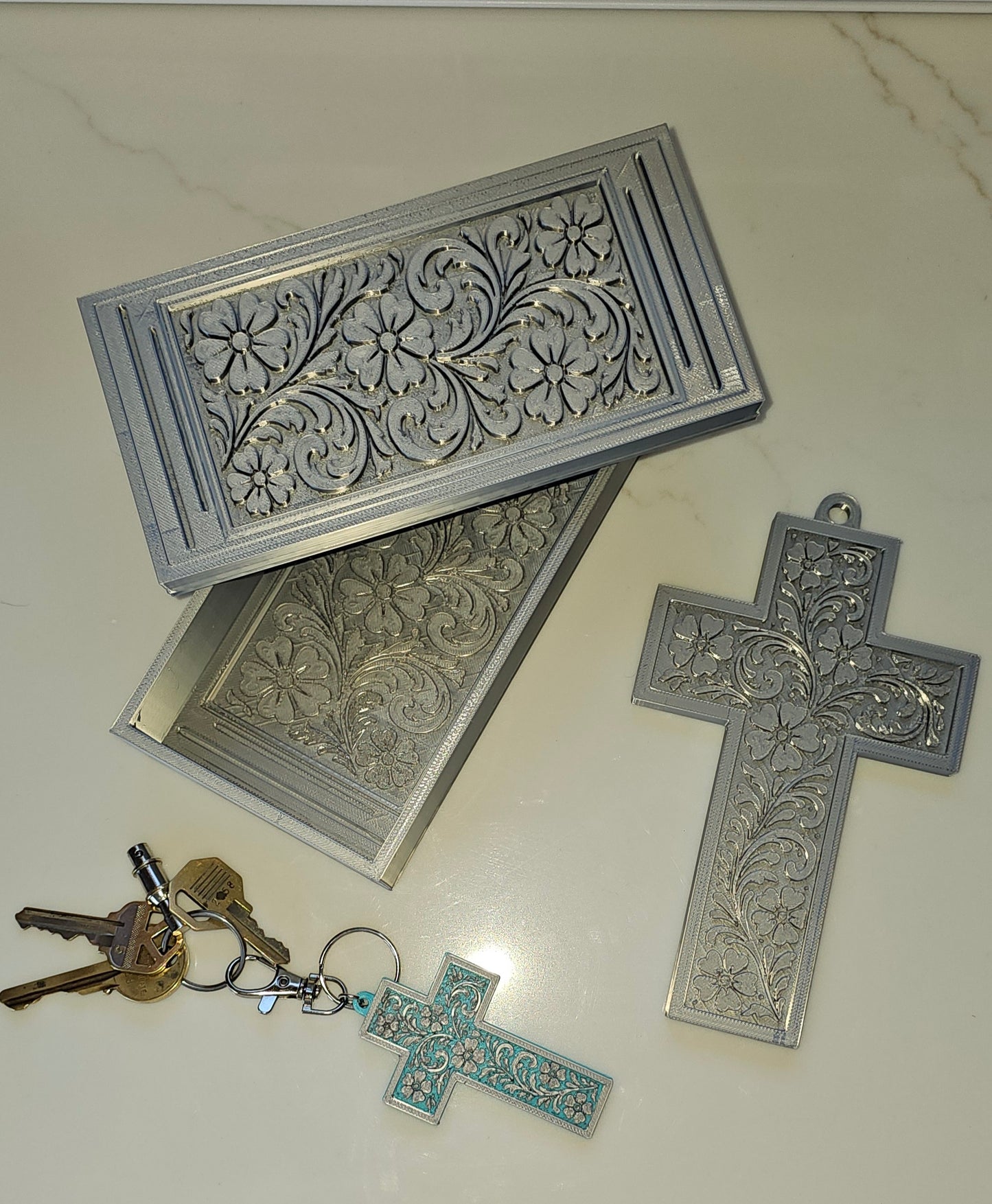3d Print Silver Tooled Trinket Gift Box or Keychain or Wall Cross