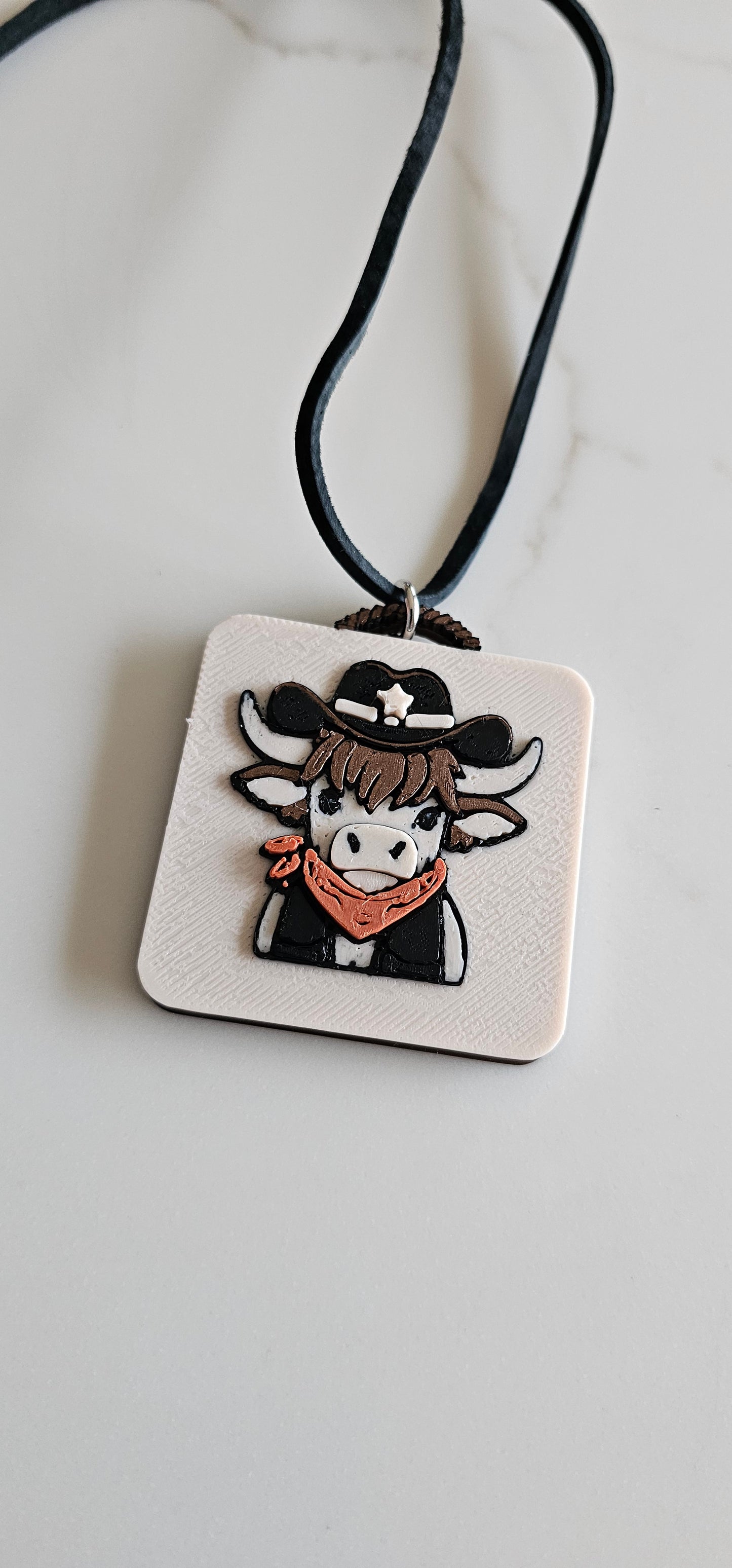 3D Print Cowboy Highland Cow Picture Necklace, Keychain or Purse Charm on Suede Leather Western Made in America