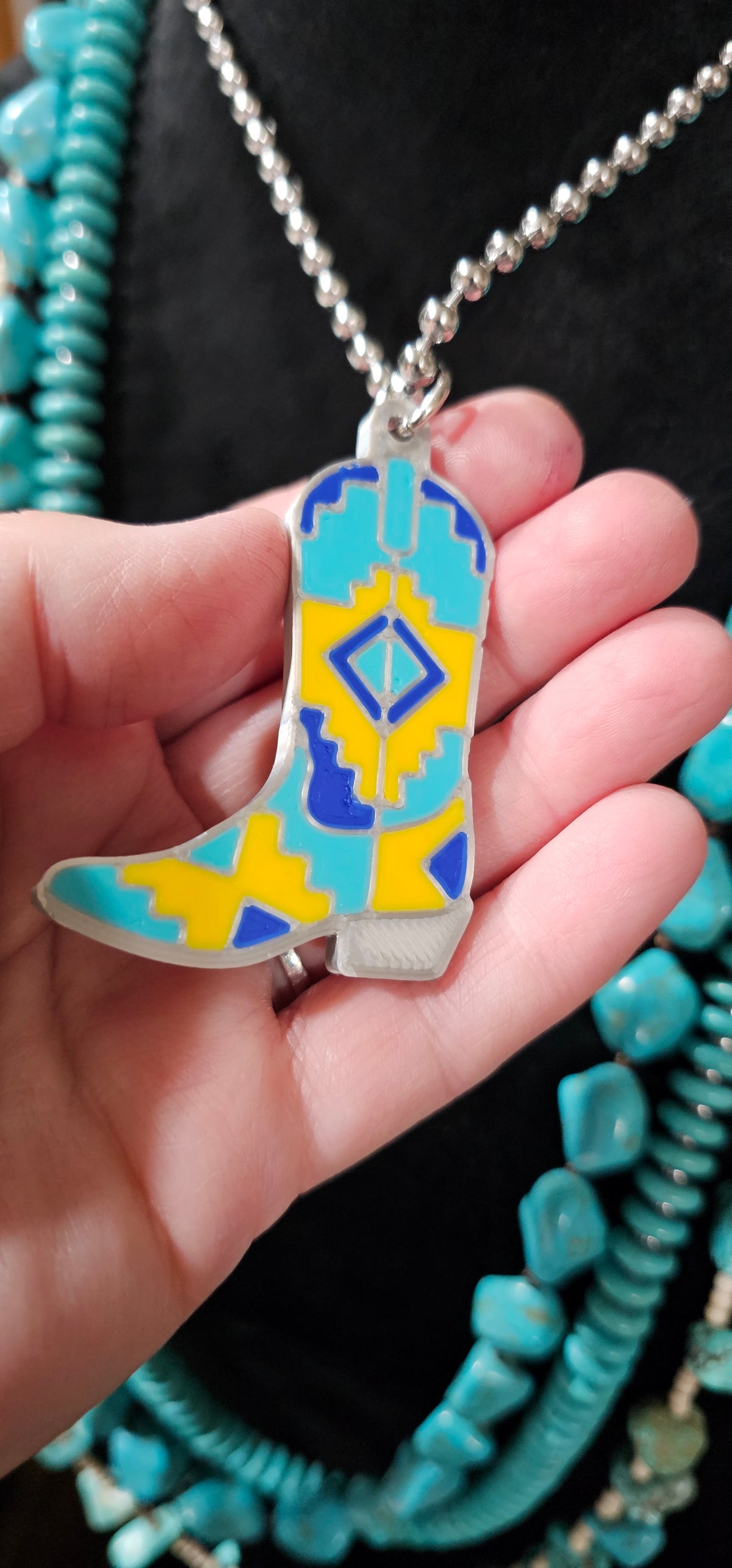 Baha Ranch 3D Print Yellow Blue Aztec Inlay Boot Necklace