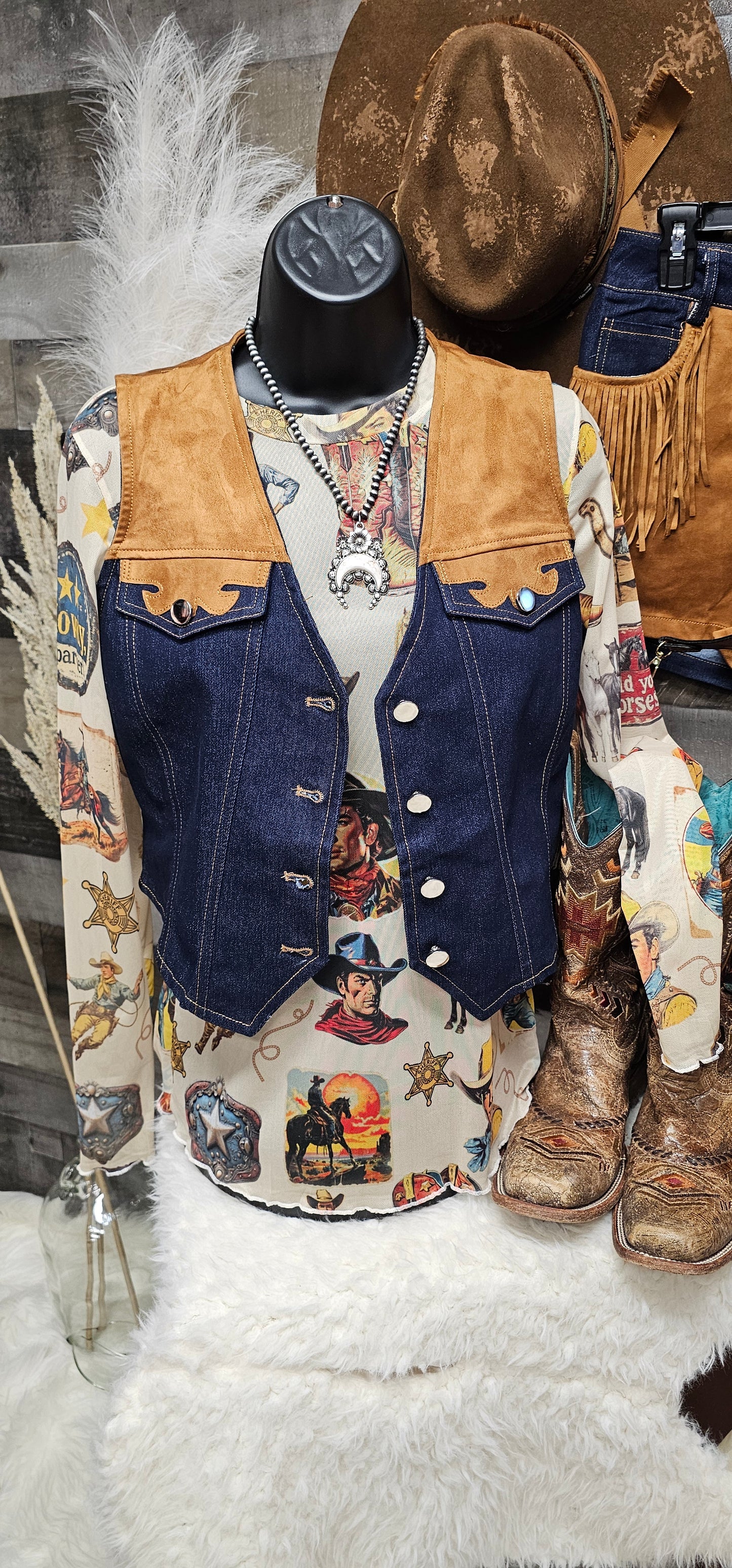 Giddy Up Cowgirl Fringe Vest Shorts Set Outfit
