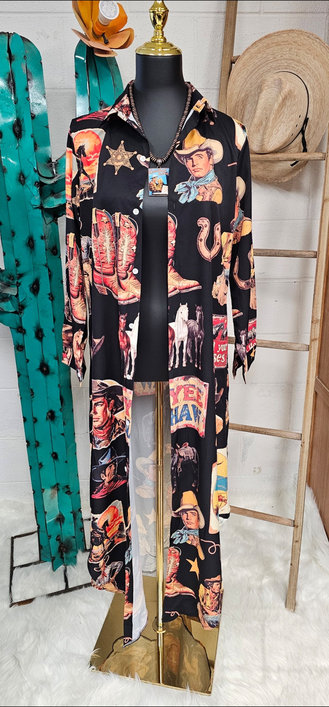 Vintage Cowboy Collage Western Long Sleeve Dress Duster