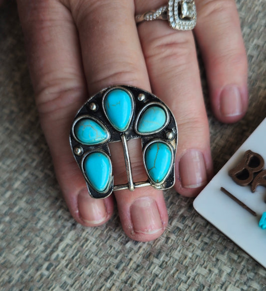 Baha Ranch Cowgirl Faux Turquoise Buckle Stretch Ring