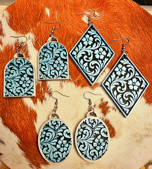 3D Print Western Tooled Turquoise  Earrings Made in America