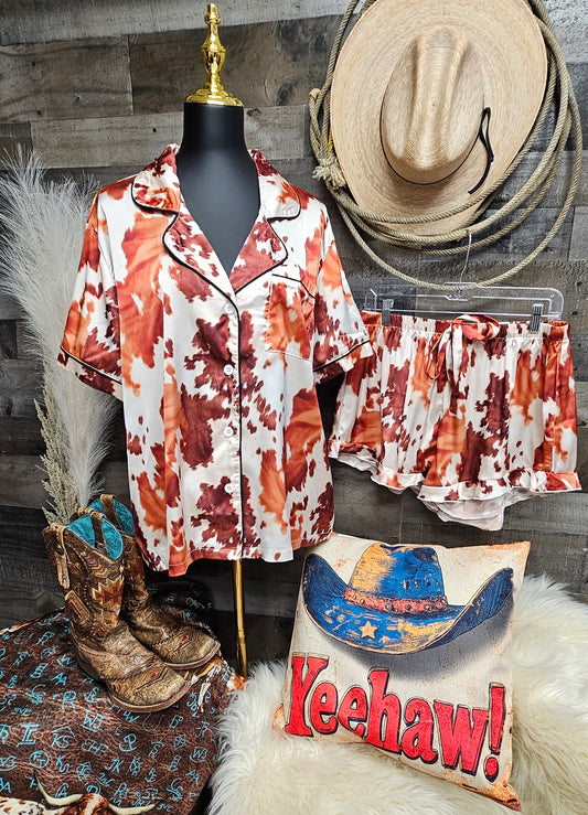 Cow Hide Print Western Cowgirl Satin Pajama Set