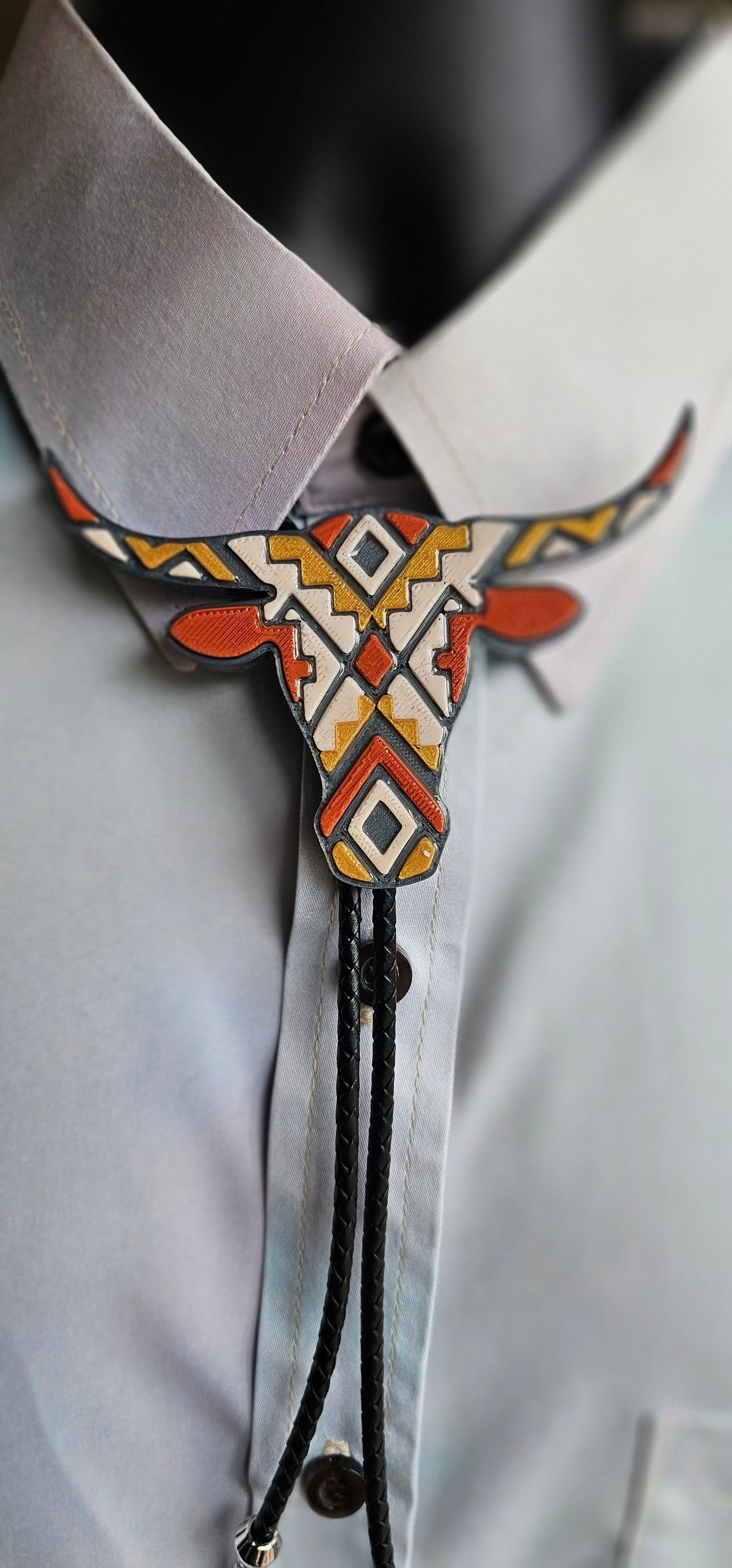 Brown Tan Aztec Longhorn 3D Inlay Bolo Tie Necklace Made in America