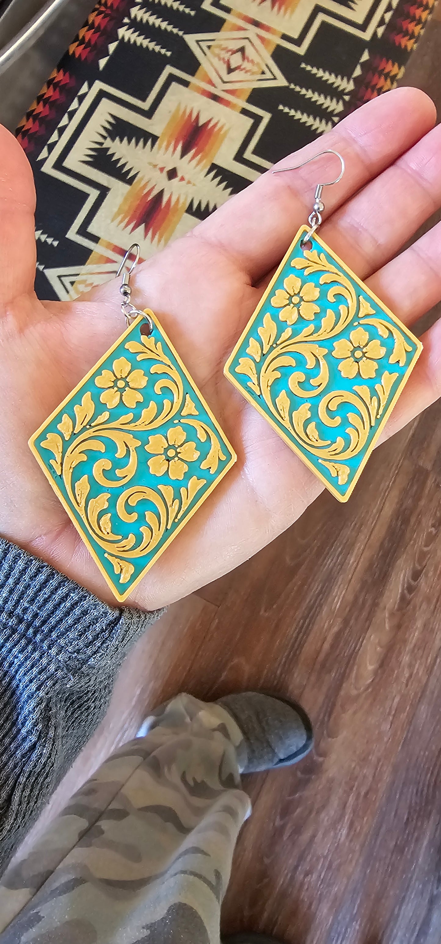 3D Print Western Tooled Mustard Gold on Turquoise  Earrings Made in America