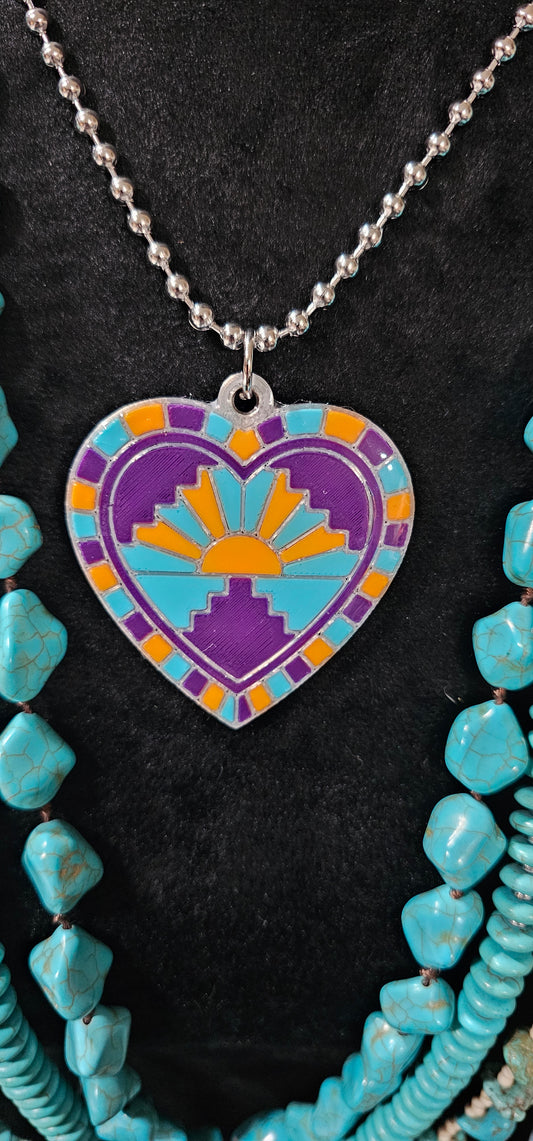 Baha Ranch 3D Print Purple Orange Sunrise Inlay Heart Necklace