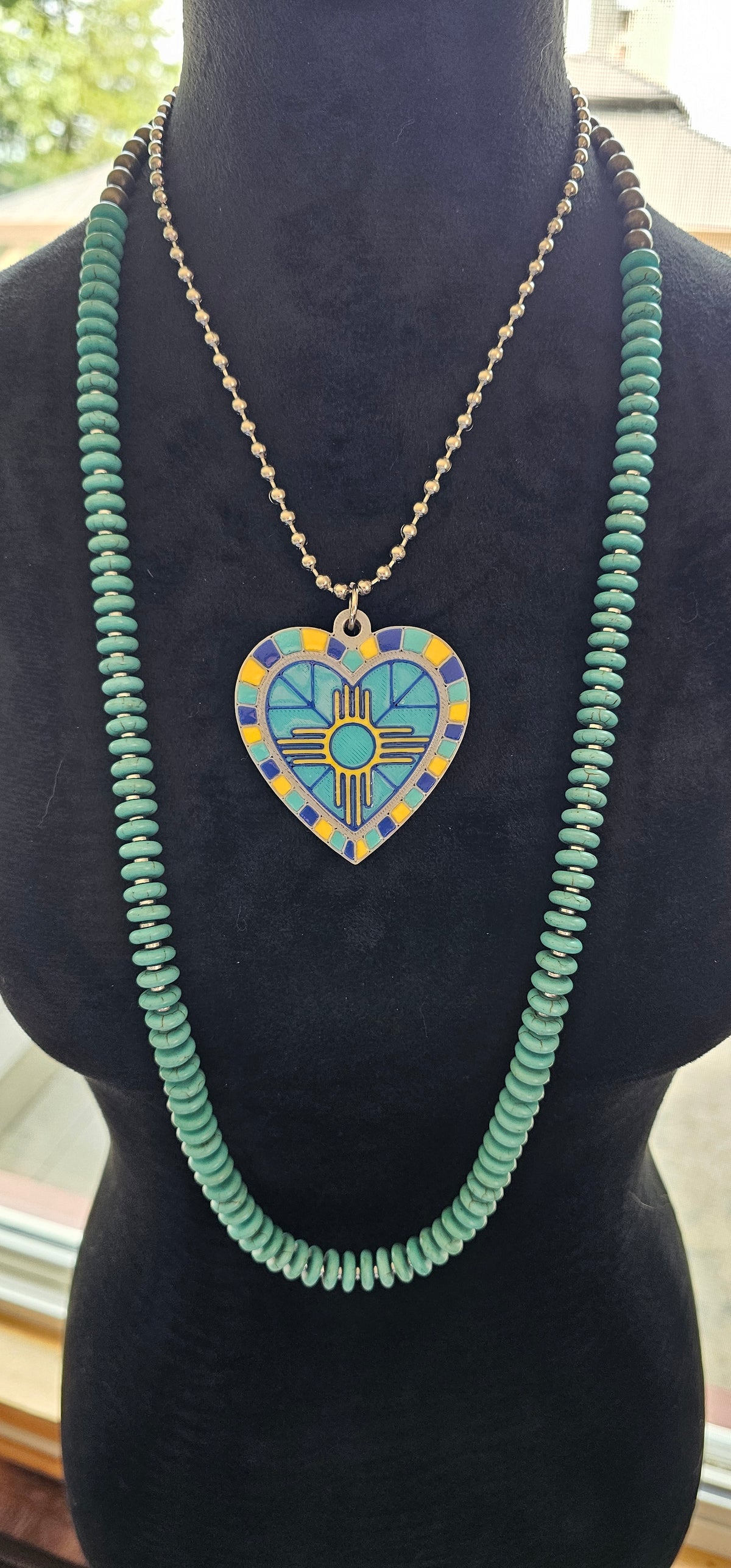 Baha Ranch 3D Print New Mexico Blue Yellow Zia Inlay Heart Necklace