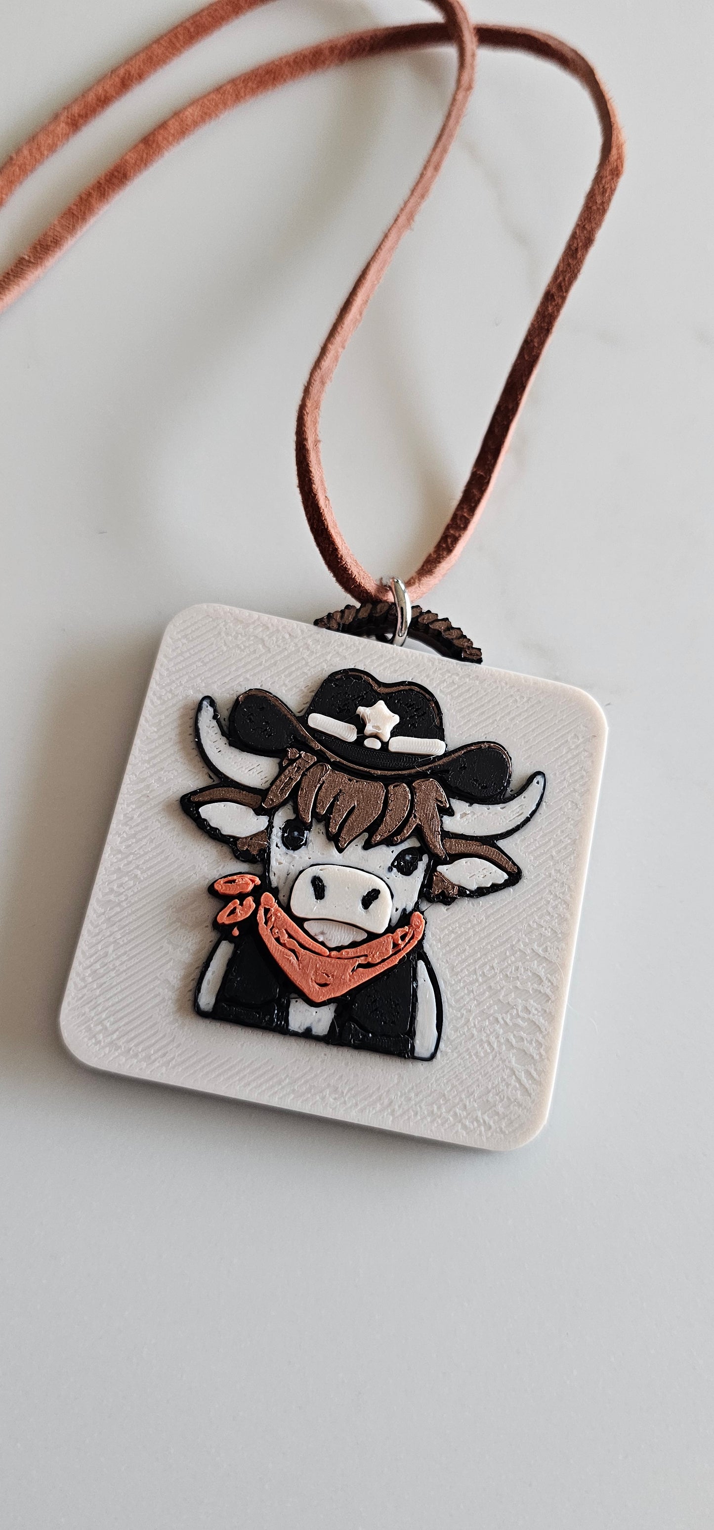 3D Print Cowboy Highland Cow Picture Necklace, Keychain or Purse Charm on Suede Leather Western Made in America