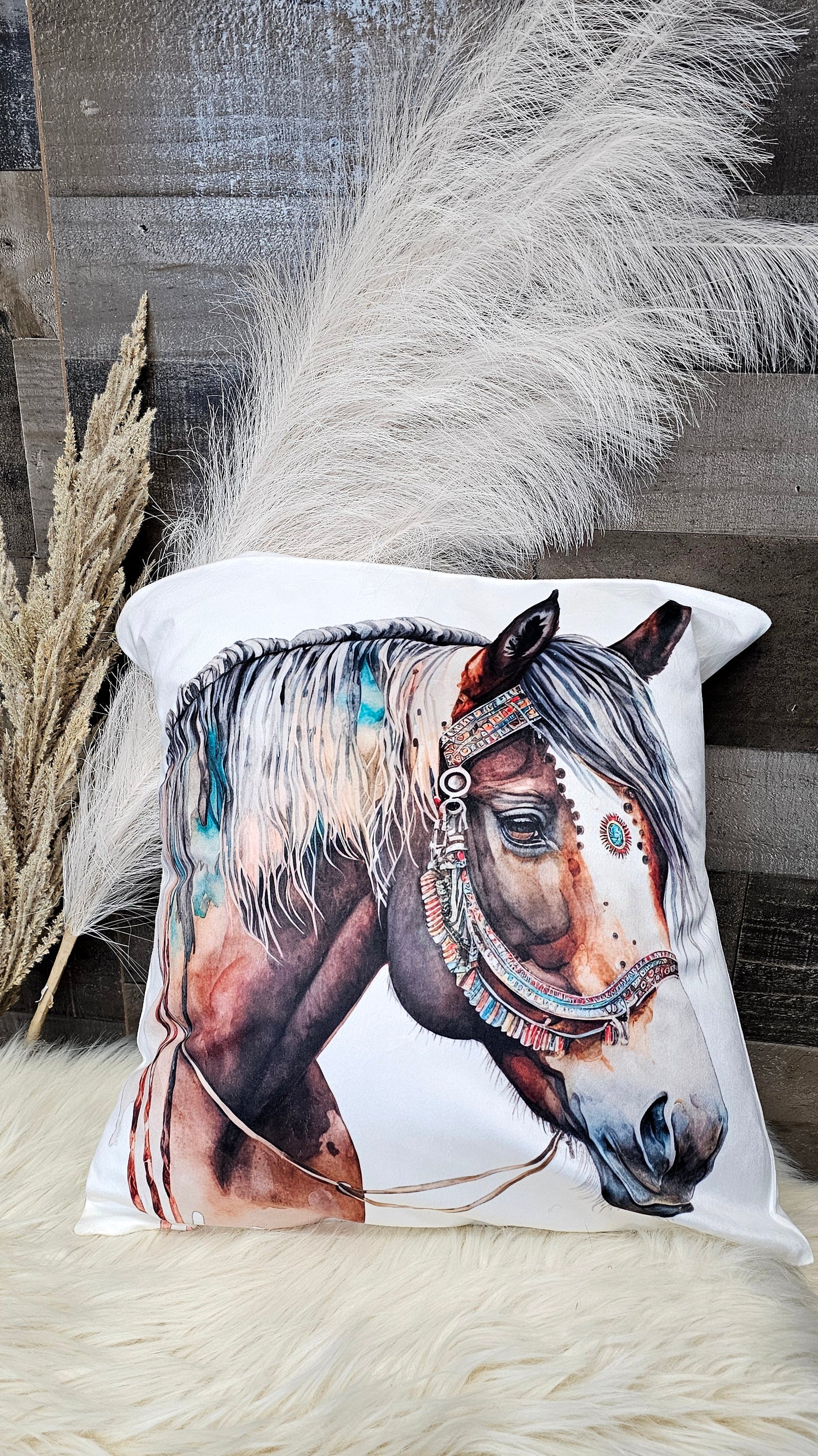 Baha Ranch Fancy Horse on White Velvety Soft Pillow Case Made in America