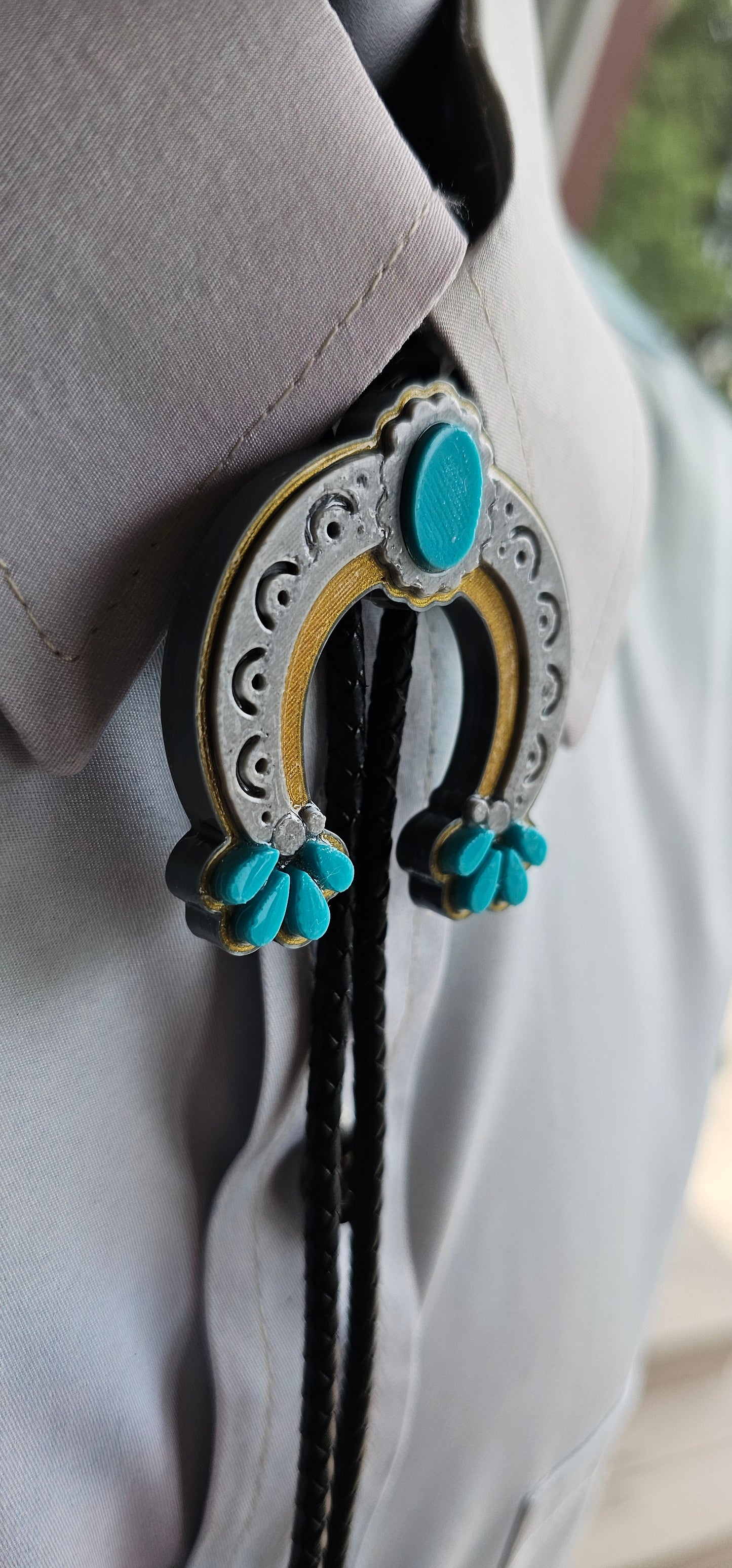 Baha Ranch Silver Gold Turquoise Naja 3D Inlay Bolo Made in America
