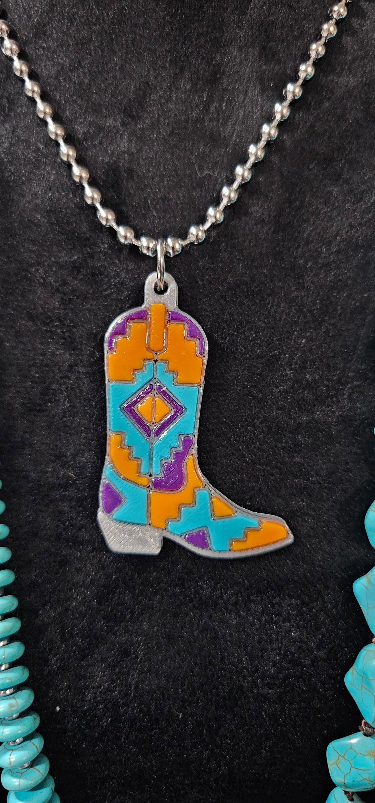 Baha Ranch 3D Print Purple Orange Aztec Inlay Boot Necklace