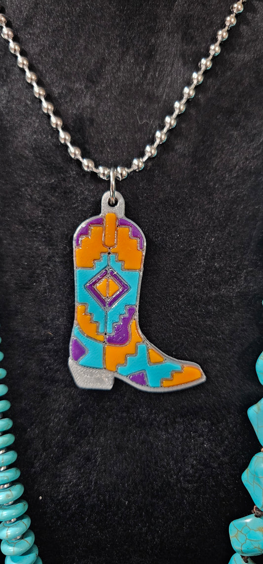 Baha Ranch 3D Print Purple Orange Aztec Inlay Boot Necklace