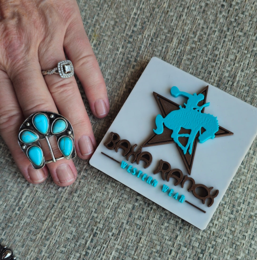 Baha Ranch Cowgirl Faux Turquoise Buckle Stretch Ring