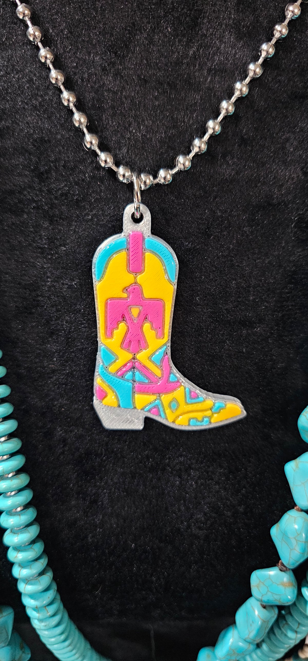Baha Ranch 3D Print Pink Thunderbird Inlay Boot Necklace