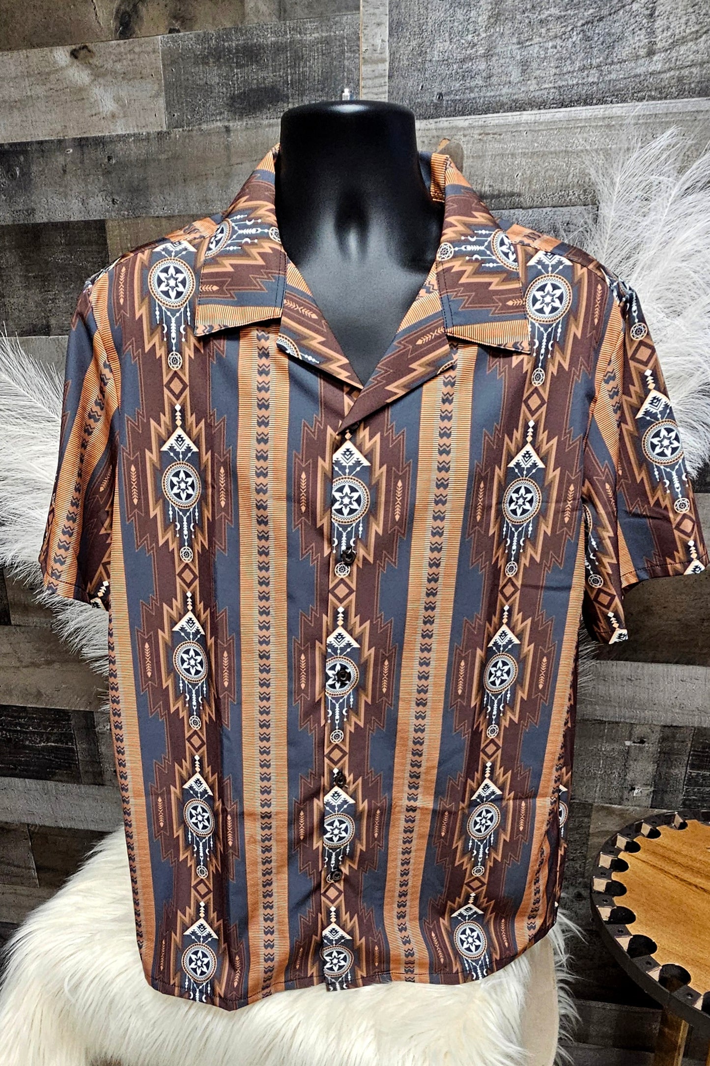 Baha Ranch Mocha Aztec Hawaiian Shirt Made in America