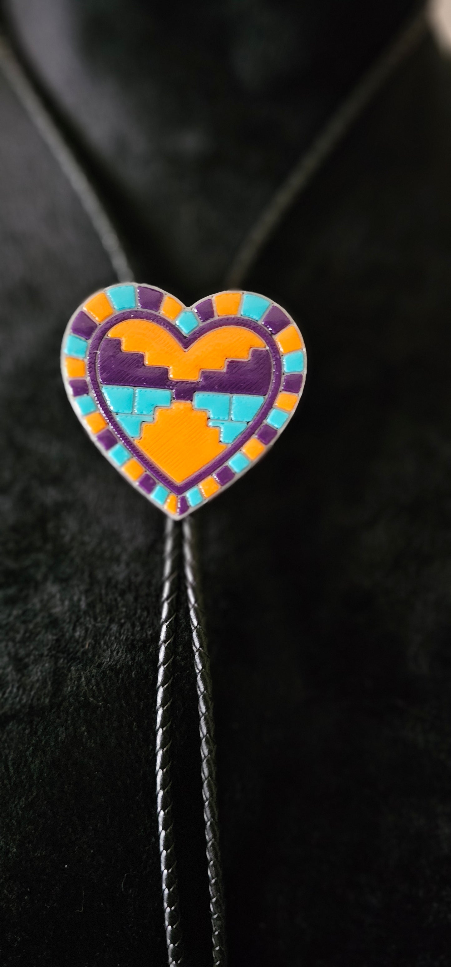 Orange Purple Aztec 3D Inlay Heart Bolo Tie Necklace