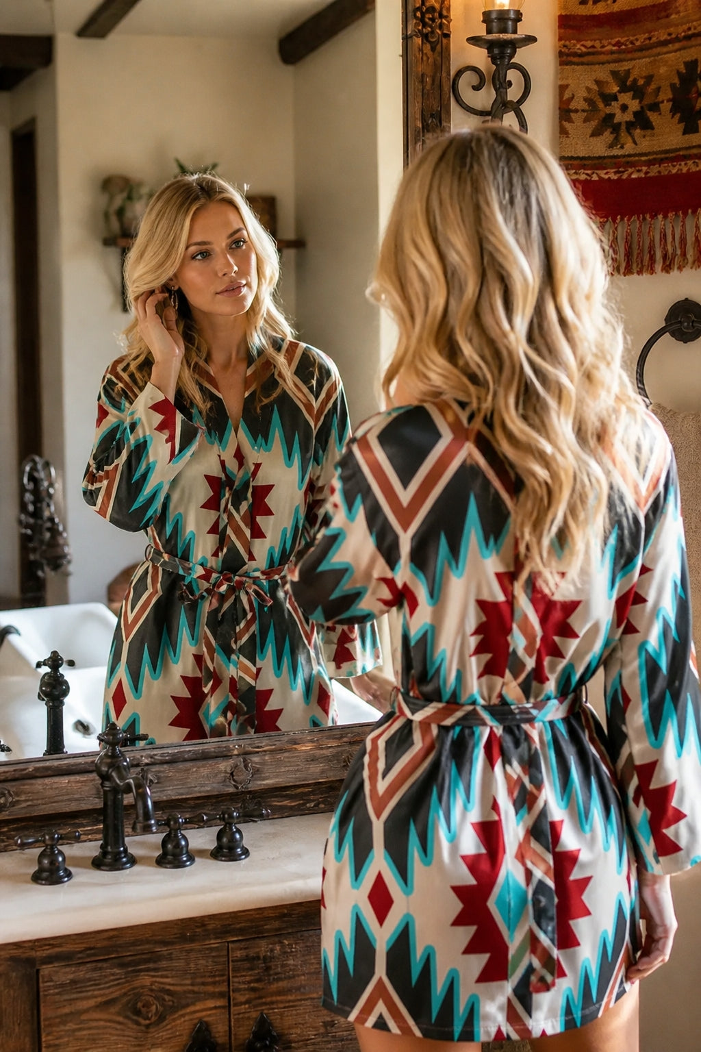 Baha Ranch Turquoise Burgandy Aztec Women's Belted Satin Feel Dressing Lounge Robe