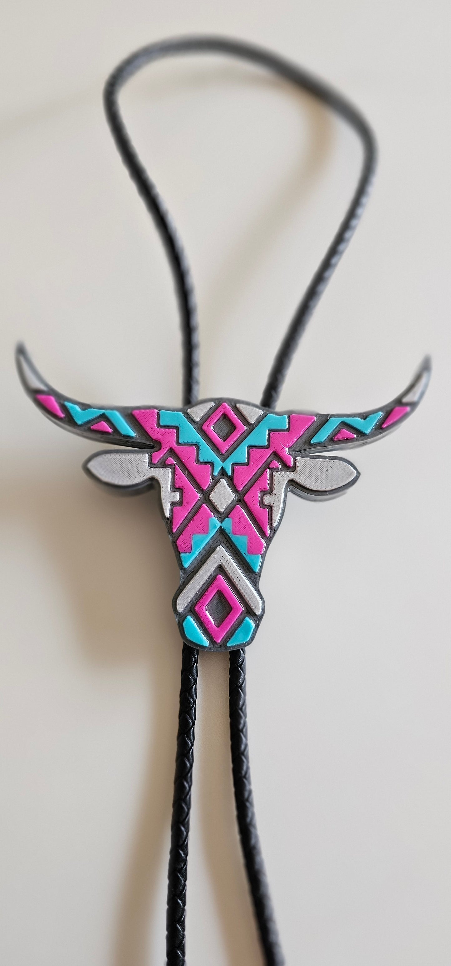 Turquoise Pink Aztec Longhorn 3D Inlay Bolo Tie Necklace Made in America